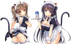 Rule 34 | :q, ahoge, alternate costume, animal ears, apron, ass, backless dress, backless outfit, black dress, blue eyes, blue panties, bow, breasts, brown eyes, brown hair, cariboy, cat ears, cat tail, cleavage, dress, enmaided, finger to mouth, frilled apron, frills, hair ribbon, large breasts, long hair, looking at viewer, looking back, maid, maid headdress, microdress, milk carton, mo xiaoju, panties, puffy short sleeves, puffy sleeves, purple hair, ribbon, short sleeves, simple background, tail, thighhighs, tongue, tongue out, tray, sanse hui lian, twintails, underwear, very long hair, waist apron, wedgie, wen zhi, white apron, white background, white bow, white legwear, wrist cuffs