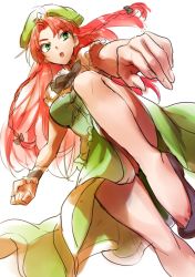 Rule 34 | 1girl, arms at sides, braid, chinese clothes, clenched hand, earrings, fighting stance, from below, green eyes, hat, hong meiling, image sample, jewelry, leg up, long hair, looking to the side, md5 mismatch, red hair, resized, ribbon, shinoasa, shoes, short sleeves, side slit, skirt, skirt set, solo, star (symbol), tangzhuang, thighhighs, touhou, twin braids, upskirt