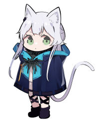 Rule 34 | 1girl, animal ear fluff, animal ears, arknights, cat ears, cat girl, cat tail, commentary request, dress, expressionless, full body, green eyes, grey hair, hood, hood down, jacket, long hair, long sleeves, looking at viewer, rosmontis (arknights), simple background, solo, standing, tail, tetuw, white background