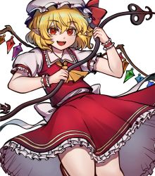 Rule 34 | 1girl, :d, absurdres, ascot, back bow, blonde hair, bow, collared shirt, cowboy shot, fangs, flandre scarlet, frilled shirt collar, frilled skirt, frilled sleeves, frills, hair between eyes, hat, hat ribbon, highres, holding, holding polearm, holding weapon, laevatein (touhou), looking at viewer, medium hair, mob cap, multicolored wings, open mouth, pointy ears, polearm, puffy short sleeves, puffy sleeves, red eyes, red footwear, red ribbon, red skirt, red vest, ribbon, shirt, shishui guima, short sleeves, side ponytail, simple background, skirt, skirt set, smile, solo, standing, standing on one leg, touhou, vest, weapon, white background, white bow, white hat, white shirt, wings, wrist cuffs, yellow ascot