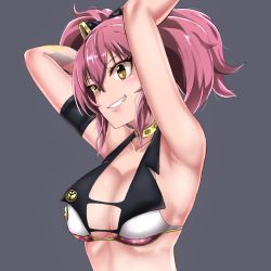 Rule 34 | 10s, 1girl, armband, armpits, arms up, bare shoulders, breasts, choker, cleavage, crop top, demio, grin, idolmaster, idolmaster cinderella girls, jougasaki mika, pink hair, sideboob, simple background, smile, solo, twintails, upper body, yellow eyes