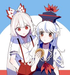 Rule 34 | 2girls, blue background, blue dress, blue hair, blue headwear, bow, breasts, cleavage, commentary, dorayaki, dress, food, fujiwara no mokou, hair bow, hand in pocket, hand up, hat, holding, holding food, itomugi-kun, kamishirasawa keine, long hair, multiple girls, open mouth, pants, red bow, red eyes, red pants, shirt, short sleeves, suspenders, torn clothes, torn sleeves, touhou, upper body, wagashi, white bow, white hair, white shirt