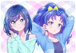 Rule 34 | 2girls, artist request, bare shoulders, blue eyes, blue hair, blue nails, blue shirt, blush, bow, braid, color connection, delicious party precure, eyelashes, fang, fuwa kokone, green eyes, hair bow, hair ornament, hairclip, happy, highres, kirakira precure a la mode, long hair, looking at viewer, medium hair, multiple girls, parted bangs, precure, shirt, side braid, smile, source request, standing, tategami aoi