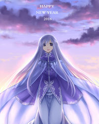 Rule 34 | 10s, 1girl, 74, 2016, :d, absurdly long hair, cape, circlet, cloud, cloudy sky, dress, fire emblem, fire emblem: genealogy of the holy war, happy new year, julia (fire emblem), light purple hair, long hair, new year, nintendo, open mouth, purple eyes, sky, smile, solo, very long hair