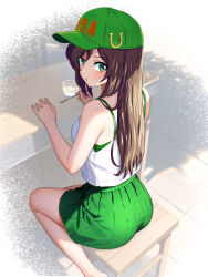 Rule 34 | 1girl, alternate costume, alternate hairstyle, ass, baseball cap, blush, brown hair, camisole, from behind, green eyes, green hat, green skirt, hair down, hat, hayakawa tazuna, highres, holding, holding spoon, horse girl, horseshoe ornament, long hair, looking at viewer, looking back, pleated skirt, sitting, skirt, solo, spoon, umamusume, white camisole, zenbrush2