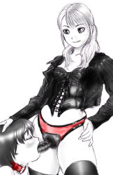 Rule 34 | 1boy, 1girl, :p, black footwear, black thighhighs, boots, collar, dildo, fellatio, femdom, gankisuki, hand on another&#039;s head, hetero, jacket, leather, leather jacket, navel, oral, panties, partially colored, sex toy, simple background, smile, standing, strap-on, thighhighs, tongue, tongue out, underwear, upper body, white background