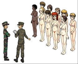 Rule 34 | 2boys, 6+girls, border, female soldier, gogocherry, humiliation, multiple boys, multiple girls, nude, sex slave, simple background, soldier, tagme