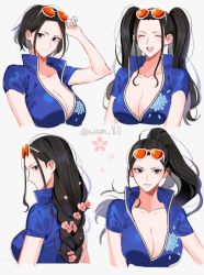 Rule 34 | 1girl, :d, alternate hair length, alternate hairstyle, black eyes, black hair, braid, breasts, cleavage, eyewear on head, flower, hair flower, hair ornament, hand up, joman, large breasts, long hair, multiple views, nico robin, one piece, open mouth, ponytail, short hair, short sleeves, smile, sunglasses, twintails, upper body, white background