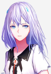 Rule 34 | 10s, 1girl, artist name, beatless, blue eyes, breasts, cleavage, collarbone, grey background, hair between eyes, highres, hirein, leicia, long hair, looking away, parted lips, shirt, short sleeves, silver hair, simple background, small breasts, solo, upper body, white shirt