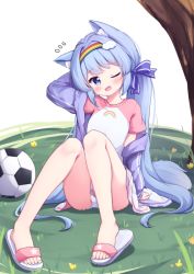 Rule 34 | 1girl, animal ear fluff, animal ears, arm behind head, arm support, arm up, ball, blue bow, blue eyes, blue hair, blush, bow, commission, flip-flops, flying sweatdrops, grass, hairband, hat, hat bow, head tilt, jacket, knees up, long hair, off shoulder, on grass, open clothes, open jacket, original, panties, purple jacket, raglan sleeves, rainbow order, sandals, setmen, shirt, short sleeves, sitting, soccer ball, solo, star (symbol), striped, striped bow, tail, tree, twintails, underwear, very long hair, white footwear, white panties, white shirt