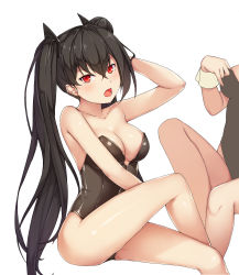 Rule 34 | 1girl, absurdres, arm up, black hair, blush, breasts, cleavage, crossed legs, girls&#039; frontline, hallohi, highres, large breasts, leotard, long hair, looking at viewer, open mouth, ouroboros (girls&#039; frontline), playboy bunny, red eyes, sitting, twintails