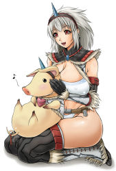 Rule 34 | animal, ass, breasts, capcom, covered erect nipples, horns, kirin (armor), kneeling, large breasts, monster hunter, monster hunter (series), monster hunter frontier, open mouth, pig, poogie, red eyes, silver hair, simple background, single horn, sitting, tail, toguchi masaya