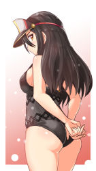 Rule 34 | 1girl, alternate costume, arms behind back, ass, bare shoulders, black hair, black one-piece swimsuit, blush, breasts, brown eyes, cougar (cougar1404), from behind, gradient background, hat, long hair, looking back, medium breasts, morag ladair (obligatory leave) (xenoblade), morag ladair (xenoblade), one-piece swimsuit, outside border, see-through one-piece swimsuit, shiny clothes, shiny skin, sideboob, solo, swimsuit, thighs, wedgie, xenoblade chronicles (series), xenoblade chronicles 2