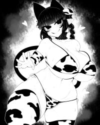 Rule 34 | 1girl, animal ears, animal print, bikini, blunt bangs, braid, breasts, cat ears, cat girl, cat tail, cleavage, commentary, cow ears, cow print, cow print bikini, curvy, elbow gloves, extra ears, fang, gloves, greyscale, groin, haseru (ginku mh), heart, huge breasts, kaenbyou rin, looking at viewer, medium hair, monochrome, multiple tails, navel, nekomata, pointy ears, print bikini, side-tie bikini bottom, side braid, sidelocks, skin fang, smile, solo, swimsuit, symbol-only commentary, tail, thighhighs, touhou, two tails