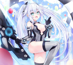 Rule 34 | 1girl, absurdres, bare shoulders, black heart (neptunia), blush, bodysuit, boots, breasts, cleavage, cloud, elbow gloves, excited, giga-tera, gloves, green eyes, grey thighhighs, happy, highres, holding, holding weapon, kami jigen game neptune v, leotard, long hair, looking at viewer, medium breasts, neptune (series), noire (neptunia), open mouth, power symbol, power symbol-shaped pupils, sky, smile, solo, symbol-shaped pupils, thighhighs, thighs, tsundere, twintails, underboob, very long hair, weapon, white hair