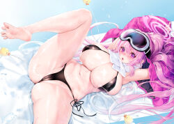 Rule 34 | 1girl, armpits, bare legs, barefoot, bikini, black bikini, blue archive, blush, breasts, cameltoe, cleft of venus, eimi (blue archive), eimi (swimsuit) (blue archive), eyewear on head, goggles, goggles on head, halo, highres, huge breasts, jacket, large breasts, long hair, long sleeves, looking at viewer, lying, micro bikini, navel, obiwan, official alternate costume, official alternate hairstyle, on back, open clothes, open jacket, open mouth, pink eyes, pink hair, pink halo, pink jacket, ponytail, rubber duck, scarf, signature, skindentation, soles, solo, splashing, spread legs, stomach, string bikini, swimsuit, toes, water, water gun, weisuoxin, wet, white scarf