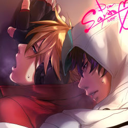 Rule 34 | 2boys, against wall, alternate costume, black eyes, black hair, blonde hair, blue eyes, cloak, close-up, ezreal, from behind, headphones, highres, hood, hooded cloak, implied sex, implied yaoi, league of legends, looking at another, male focus, multiple boys, non (nonzile), open mouth, spiked hair, talon (league of legends), yaoi