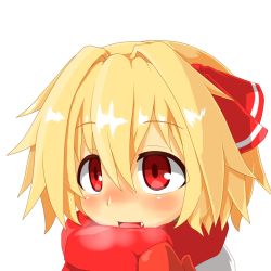 Rule 34 | 1girl, blonde hair, blush, fang, hair ribbon, hecchi (blanch), mittens, open mouth, portrait, red eyes, ribbon, rumia, scarf, simple background, smile, solo, touhou, upper body, white background