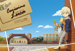 Rule 34 | 10s, 1boy, 2011, bag, blonde hair, blue sky, brown eyes, child, cloud, dated, drinking, food, freckles, hood, hoodie, hoshi w, house, ice cream, inazuma eleven, inazuma eleven (series), letter, luca (inazuma eleven), male focus, outdoors, pants, road, shirt, shoes, sky, solo, standing, street