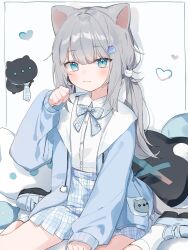 Rule 34 | 1girl, :3, absurdres, animal ears, aqua eyes, blue bow, blue bowtie, blue footwear, blue jacket, blue skirt, bow, bowtie, cat ears, cat girl, cat tail, creature, cushion, dress shirt, grey hair, hair ornament, hashtag-only commentary, heart, high-waist skirt, highres, indie virtual youtuber, jacket, light blush, looking at viewer, low twintails, miniskirt, mokyuko, nachoneko, necktie, paw pose, shirt, shoes, sidelocks, sitting, skirt, smile, socks, solo, tail, twintails, wariza, white background, white shirt, white socks