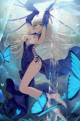 Rule 34 | 1girl, armpits, barefoot, blonde hair, blue butterfly, blue dress, blue eyes, blue ribbon, breasts, bug, butterfly, chain, covered navel, detached sleeves, dress, full body, highres, insect, large breasts, lee sirin, long dress, long hair, off-shoulder dress, off shoulder, original, ribbon, ribbon-trimmed sleeves, ribbon trim, scenery, see-through, solo, thighs, underwater