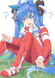 Rule 34 | 1girl, ?, animal ears, black ribbon, blue eyes, blue hair, commentary request, feet out of frame, hair between eyes, hair ribbon, heterochromia, horse ears, horse girl, horse tail, jacket, knees up, long sleeves, miri (ago550421), multicolored hair, on grass, open mouth, pants, purple eyes, red jacket, red pants, ribbon, sharp teeth, shoes, short eyebrows, sitting, solo, tail, teeth, thick eyebrows, track jacket, track pants, track suit, twin turbo (umamusume), two-tone hair, umamusume, white background, white footwear