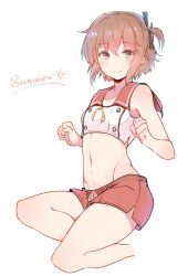 Rule 34 | 1girl, armpit crease, bare shoulders, black ribbon, breasts, brown eyes, brown hair, closed mouth, collarbone, crop top, cropped legs, etou kanami, groin, highres, light blush, light smile, lionet0806, looking at viewer, midriff, miniskirt, navel, one side up, red skirt, ribbon, short hair, skirt, sleeveless, small breasts, solo, stomach, toji no miko, white background