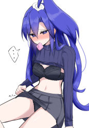 Rule 34 | ..., 1girl, absurdres, black bra, black panties, blue eyes, blue hair, blush, bra, breasts, cleavage, clothes lift, condom, condom in mouth, grey skirt, hair between eyes, high ponytail, highres, kazanari tsubasa, lifted by self, long hair, midriff, miniskirt, mouth hold, navel, panties, pleated skirt, purple sweater, ribbed sweater, senki zesshou symphogear, side ponytail, simple background, sitting, sketch, skirt, skirt lift, small breasts, solo, speech bubble, spoken ellipsis, stomach, sweater, sweater lift, tobase ui, underwear, very long hair, white background