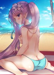 Rule 34 | 1girl, :3, ass, back, bare legs, barefoot, beach, blue panties, blue sky, blush, breasts, butt crack, covering breasts, covering privates, day, euryale (fate), euryale (formal dress) (fate), fate/grand order, fate (series), flower, from side, hair flower, hair ornament, long hair, looking at viewer, looking to the side, ocean, outdoors, panties, purple eyes, purple hair, sand, sidelocks, sitting, sky, small breasts, smile, solo, suzunone rena, topfreedom, topless, twintails, underwear, very long hair, wariza