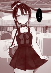 Rule 34 | 1girl, bag, c-ms (girls&#039; frontline), chair, choker, closed mouth, cup, dress, dress tug, drinking glass, gendouki, girls&#039; frontline, hair bun, holding, holding bag, image sample, looking at viewer, monochrome, pout, railing, rooftop, skirt, skirt tug, standing, table, tablecloth, wine glass