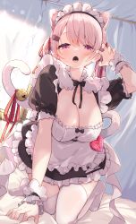 Rule 34 | 1girl, :o, all fours, animal ears, apron, arm support, bell, black dress, breasts, cat ears, cat girl, cat tail, claw pose, cleavage, dress, frilled apron, frills, hair ornament, hair ribbon, hairclip, hanging breasts, highres, ksk (semicha keisuke), large breasts, long hair, looking at viewer, maid, maid headdress, nijisanji, no shoes, on bed, open mouth, pink eyes, pink hair, puffy short sleeves, puffy sleeves, red eyes, red ribbon, ribbon, shiina yuika, shiina yuika (5th costume), short dress, short sleeves, solo, swept bangs, tail, tail bell, tail ornament, tail ribbon, thighhighs, tongue, twintails, virtual youtuber, waist apron, white apron, white thighhighs, wrist cuffs, zettai ryouiki