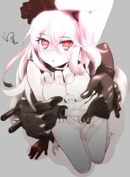 Rule 34 | 10s, 1girl, :o, abyssal ship, arm up, bandages, black gloves, breasts, destroyer water oni, gloves, grey background, kantai collection, long hair, looking at viewer, pale skin, red eyes, side ponytail, sleeveless, solo, teeth, white hair, yuzuki yuno