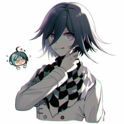 Rule 34 | 2boys, ahoge, black hair, blush, checkered clothes, checkered neckwear, checkered scarf, commentary request, cream, cream on face, cropped torso, danganronpa (series), danganronpa v3: killing harmony, disembodied hand, flying sweatdrops, food, food on face, hair between eyes, licking lips, long sleeves, looking at viewer, male focus, multiple boys, oma kokichi, pink eyes, purple hair, qiao xing, saihara shuichi, scarf, simple background, solo focus, tongue, tongue out, upper body, white background