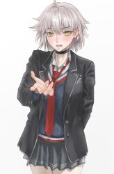 Rule 34 | 1girl, absurdres, ahoge, arm behind back, black choker, black jacket, black skirt, blue cardigan, blush, buttons, cardigan, choker, collared shirt, commentary request, fate/grand order, fate (series), fingernails, grey hair, hair between eyes, highres, jacket, jeanne d&#039;arc alter (fate), long sleeves, necktie, official alternate costume, open clothes, open jacket, open mouth, pink nails, pleated skirt, pocket, reaching, reaching towards viewer, red necktie, school uniform, shirt, short hair, simple background, skirt, solo, sweatdrop, tonko from, uniform, white background, white shirt, yellow eyes