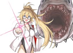 Rule 34 | 1girl, absurdres, blonde hair, blue eyes, competition swimsuit, fangs, fate/grand order, fate (series), glasses, glowing finger, highres, jacket, jeanne d&#039;arc (fate), jeanne d&#039;arc (ruler) (fate), jeanne d&#039;arc (swimsuit archer) (fate), jeanne d&#039;arc (swimsuit archer) (second ascension) (fate), kankan33333, one-piece swimsuit, open mouth, pointing, ponytail, shark, solo, swimsuit, whistle, whistle around neck
