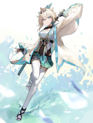 Rule 34 | 1girl, absurdres, aqua eyes, black bodysuit, black gloves, black hairband, blonde hair, blue skirt, bodysuit, closed mouth, commentary request, covered navel, fingerless gloves, full body, gloves, hair between eyes, hairband, haori, highres, holding, holding sword, holding weapon, hololive, japanese clothes, katana, kazama iroha, korean commentary, looking at viewer, mac star, sandals, shirt, skirt, smile, solo, sword, thighhighs, virtual youtuber, water, weapon, white shirt, white thighhighs