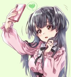Rule 34 | 1girl, arm up, black hair, black ribbon, blunt bangs, blush, breasts, brown eyes, cellphone, collared shirt, commentary request, fingernails, frilled shirt, frilled shirt collar, frilled sleeves, frills, green background, hand up, head tilt, heart, highres, holding, holding own hair, holding phone, idolmaster, idolmaster shiny colors, kuroi mimei, light smile, long hair, long sleeves, looking at object, mayuzumi fuyuko, medium breasts, neck ribbon, outstretched arm, parted lips, phone, pink shirt, puffy long sleeves, puffy sleeves, ribbon, selfie, shirt, simple background, smartphone, solo, speech bubble, spoken heart, taking picture, two side up, upper body
