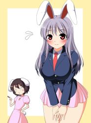 Rule 34 | 2girls, animal ears, bad id, bad pixiv id, blazer, blush, breasts, brown hair, cigar, crescent, female focus, hand on own hip, inaba tewi, jacket, jewelry, kyokutou hentai samurai, large breasts, long hair, multiple girls, necktie, o3o, pendant, rabbit ears, rabbit girl, rabbit tail, red eyes, red necktie, reisen udongein inaba, short hair, tail, thighs, touhou, wide hips