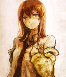 Rule 34 | 1girl, blue eyes, flat chest, hand on own chest, head tilt, jacket, long hair, looking at viewer, makise kurisu, monochrome, nd, necktie, parted lips, sepia, solo, spot color, steins;gate