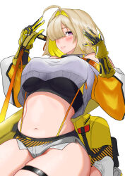 Rule 34 | 1girl, absurdres, ahoge, black gloves, black sports bra, blonde hair, blush, breasts, clothing cutout, crop top, crop top overhang, cropped sweater, elegg (nikke), exposed pocket, gloves, goddess of victory: nikke, grey shorts, hair intakes, hair over eyes, highres, large breasts, long bangs, long sleeves, micro shorts, multicolored clothes, multicolored gloves, multicolored hair, navel, parted lips, plump, purple eyes, ramuneogura, short hair, shorts, shoulder cutout, simple background, sitting, skindentation, solo, sports bra, suspender shorts, suspenders, thigh strap, thighs, two-tone hair, v, white background, yellow gloves