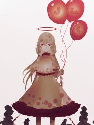Rule 34 | 1girl, :|, absurdres, balloon, blonde hair, closed mouth, commentary, cowboy shot, ebisu eika, expressionless, fetus, frilled shirt, frilled skirt, frills, grey background, hair between eyes, halo, highres, holding, holding balloon, layered skirt, long earlobes, long skirt, looking at viewer, low twintails, naufaldreamer, red eyes, red halo, shirt, simple background, skirt, skirt set, solo, standing, straight-on, touhou, twintails, yellow shirt, yellow skirt