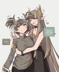 Rule 34 | 2girls, absurdres, arknights, bare shoulders, black nails, blush, breasts, brown hair, brown sweater, closed eyes, closed mouth, commentary, cowboy shot, elf, english commentary, english text, green hair, grey background, highres, infection monitor (arknights), large breasts, laurel crown, long hair, magallan (arknights), mole, mole under eye, muelsyse (arknights), multicolored hair, multiple girls, nail polish, open mouth, pointy ears, ribbed sweater, short hair, short twintails, sidelocks, simple background, streaked hair, sweater, teeth, togekk0, twintails, upper teeth only, very long hair, white hair, yellow eyes, yuri