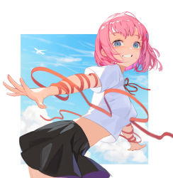 Rule 34 | 1girl, absurdres, aircraft, airplane, arm ribbon, black skirt, blue eyes, blue sky, breasts, cloud, cowboy shot, from side, grin, highres, looking at viewer, looking to the side, medium breasts, midriff, miniskirt, navel, neck ribbon, original, outstretched arms, peter pan (adtc7243), pink hair, red ribbon, ribbon, shirt, short hair, short sleeves, skirt, sky, smile, solo, t-shirt, teeth, white background, white shirt