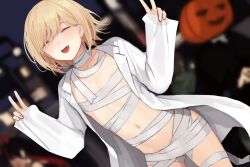 Rule 34 | 1boy, 2others, :d, ^ ^, areola slip, bandages, blonde-haired boy (sunaba (nczd5875)), blonde hair, blurry, blush, closed eyes, coat, collarbone, depth of field, double v, fang, halloween, halloween costume, jack-o&#039;-lantern head, lab coat, male focus, multiple others, naked bandage, navel, open clothes, open coat, open mouth, original, short hair, smile, solo focus, sunaba (nczd5875), trap, v