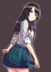 Rule 34 | 1girl, bow, bowtie, brown background, brown eyes, brown hair, closed mouth, cowboy shot, fingernails, from behind, green skirt, grey outline, grey shirt, highres, kagematsuri, long hair, looking at viewer, looking back, nail polish, original, outdoors, outline, pleated skirt, red bow, red bowtie, shirt, simple background, skirt, solo, standing, yellow nails