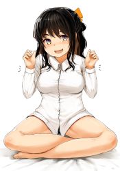 Rule 34 | 10s, 1girl, :d, bare legs, black hair, black panties, blush, breasts, dress shirt, fang, indian style, kantai collection, long sleeves, looking at viewer, multicolored eyes, multicolored hair, naganami (kancolle), no pants, open mouth, panties, pink hair, purple eyes, satsuki neko, shirt, simple background, sitting, smile, solo, taut clothes, taut shirt, two-tone hair, underwear, yellow eyes