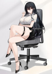 Rule 34 | 1girl, absurdres, ahoge, ankle strap, arm under breasts, azur lane, bare legs, belt, black footwear, black skirt, breasts, button gap, chair, closed mouth, collared shirt, crossed bangs, crossed legs, full body, hair between eyes, hand up, high-waist skirt, high heels, highres, large breasts, legs, o-ring, o-ring thigh strap, office chair, office lady, on chair, pencil skirt, red eyes, shirt, shirt tucked in, sitting, skindentation, skirt, solo, suo bu ye feng, swivel chair, taihou (azur lane), thigh strap, white shirt