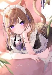 Rule 34 | 1girl, all fours, alternate costume, animal ears, apron, bad id, bad pixiv id, black dress, bow, breasts, brown hair, cat ears, cat girl, cat tail, closed mouth, collared dress, commentary request, couch, dress, enmaided, frilled apron, frills, hand up, highres, leo (mafuyu), long hair, looking at viewer, mafuyu (chibi21), maid, medium breasts, multicolored hair, nail polish, on couch, original, puffy short sleeves, puffy sleeves, purple bow, purple eyes, purple hair, purple nails, short sleeves, signature, smile, solo, streaked hair, tail, tail bow, tail ornament, thighhighs, very long hair, white apron, white thighhighs