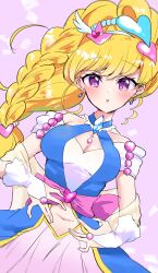 Rule 34 | 1girl, absurdres, asahina mirai, blonde hair, blue choker, blue gemstone, breasts, brooch, choker, cleavage, cure miracle, cure miracle (sapphire style), dutch angle, folded braid, gem, hair ornament, hat, heart, heart hair ornament, highres, jewelry, long hair, looking at viewer, magical girl, mahou girls precure!, medium breasts, mikorin, mini hat, mini witch hat, navel, pink background, pink hat, precure, purple eyes, smile, solo, waist ribbon, wide ponytail, witch hat
