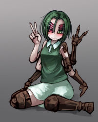 Rule 34 | 1girl, bare shoulders, black sclera, blush, colored sclera, cyborg, double v, extra arms, extra eyes, green eyes, green hair, green shirt, green skirt, grey background, head tilt, heterochromia, looking at viewer, matching hair/eyes, single mechanical arm, mechanical arms, mechanical legs, monster girl, original, ray-k, red eyes, shirt, short hair, simple background, sitting, skirt, sleeveless, sleeveless shirt, smile, solo, v, wariza
